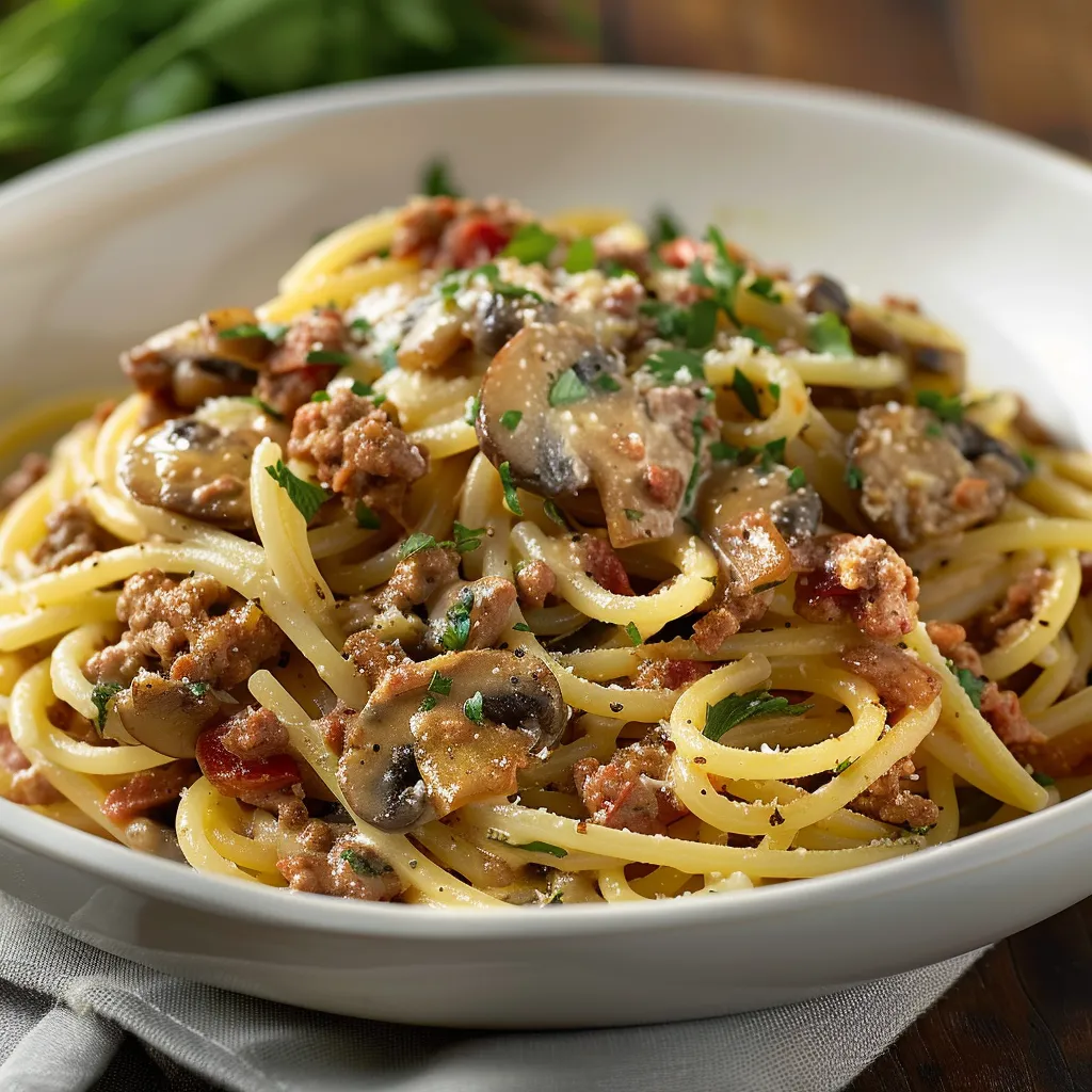 A bowl of spaghetti with meatballs and mushrooms.