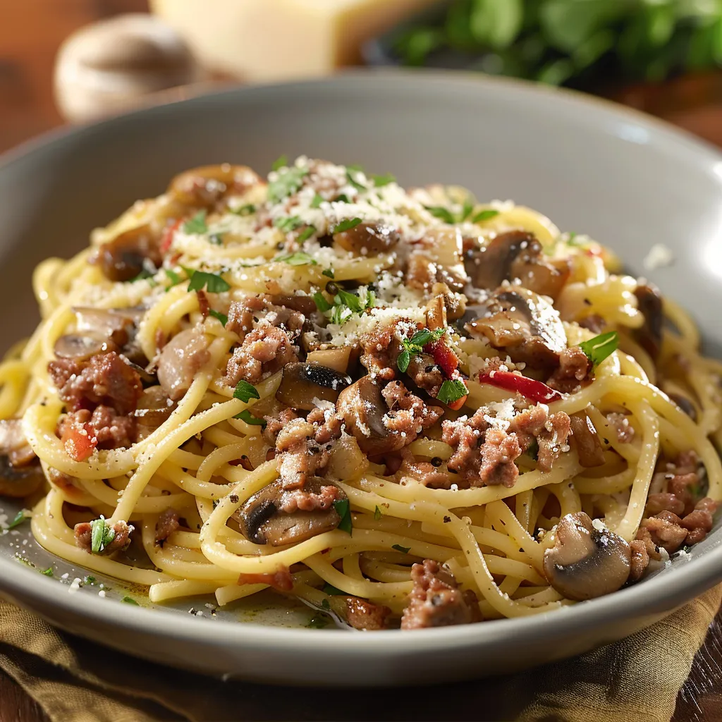 A bowl of pasta with meat and cheese.