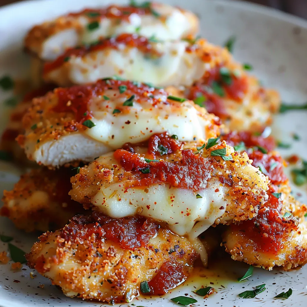 Chicken with cheese and tomato sauce.