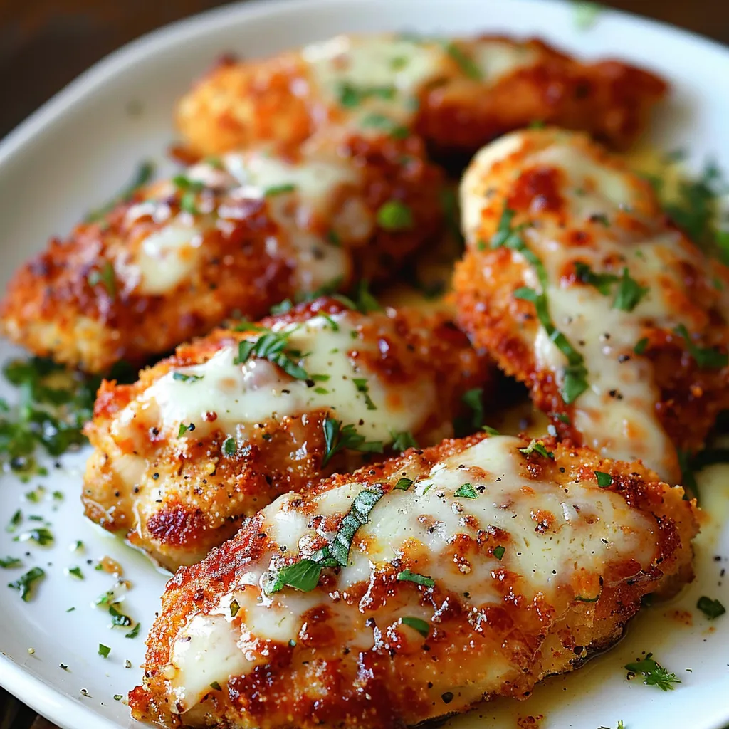 A plate of chicken with cheese and herbs.