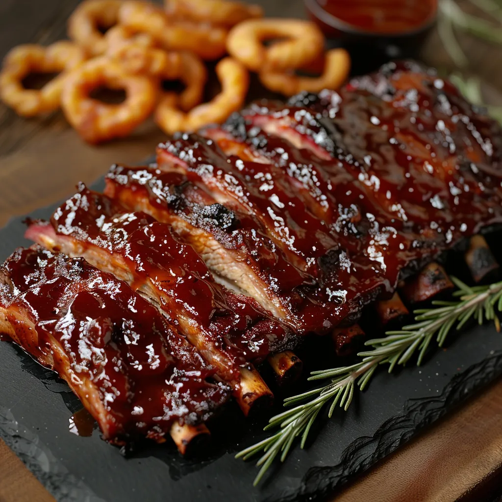A BBQ ribs with sauce on a black plate.