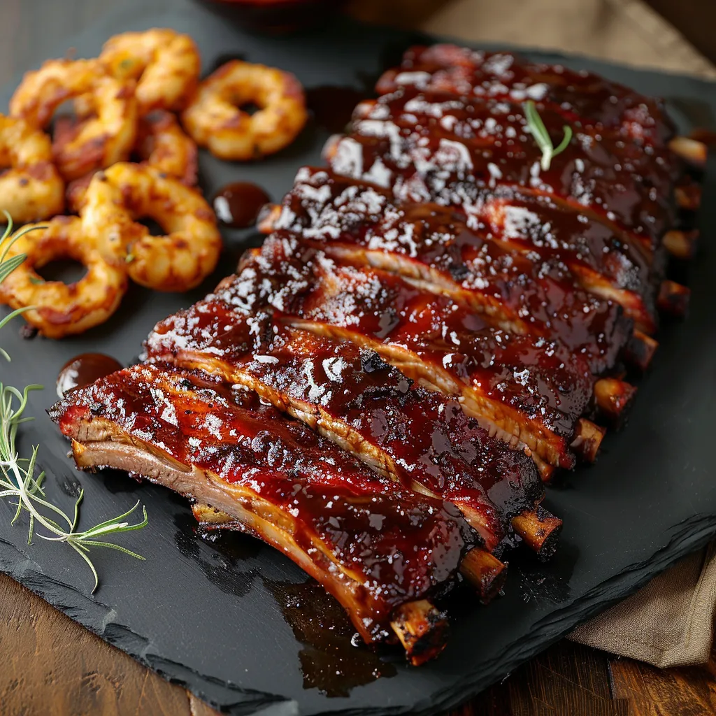 A BBQ ribs dinner with a side of onion rings.