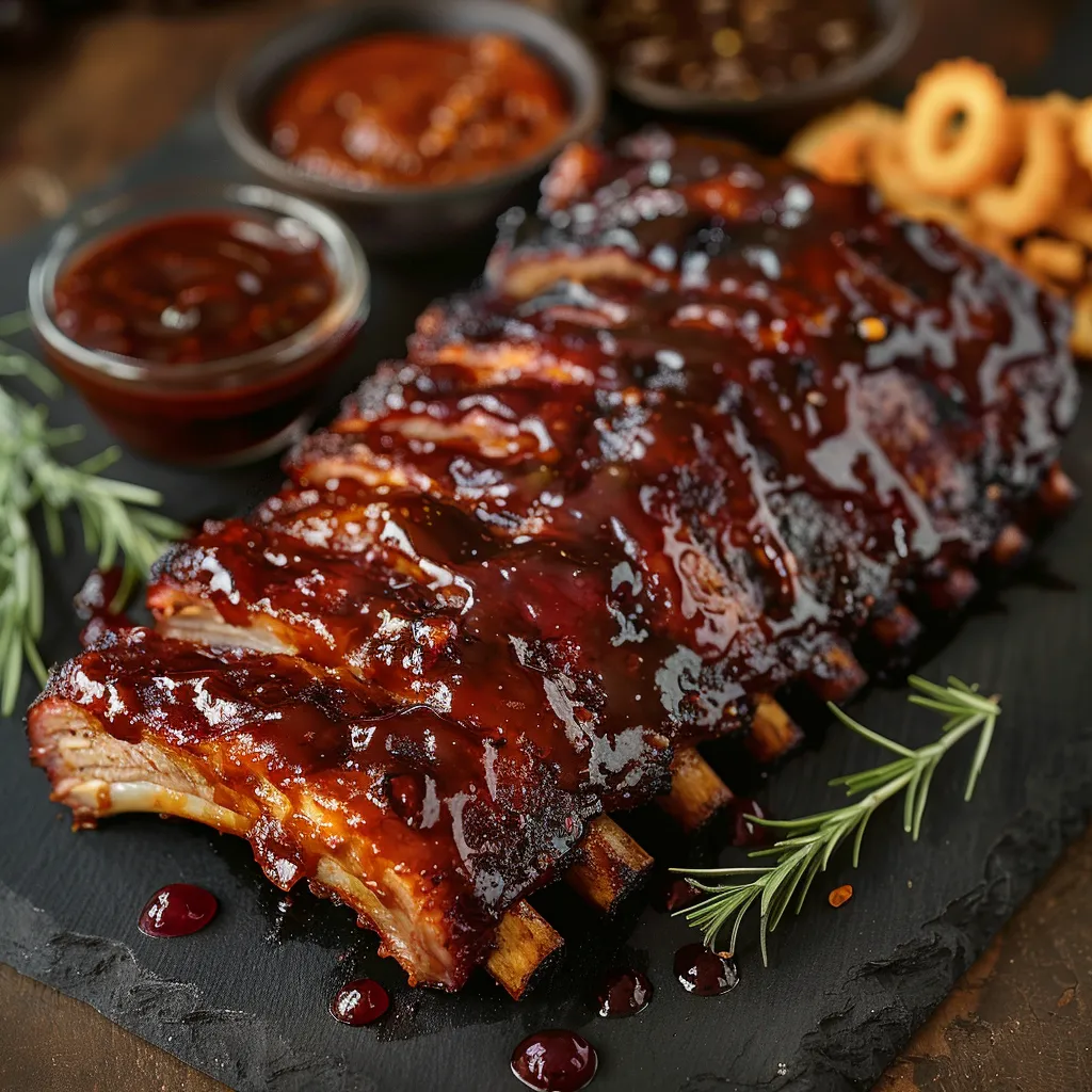 A BBQ ribs with sauce and onions.