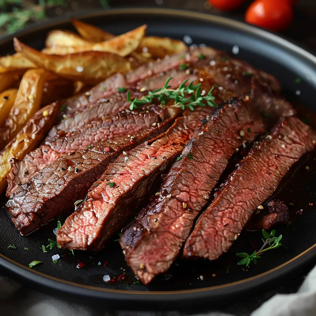 A plate of steak with fries.