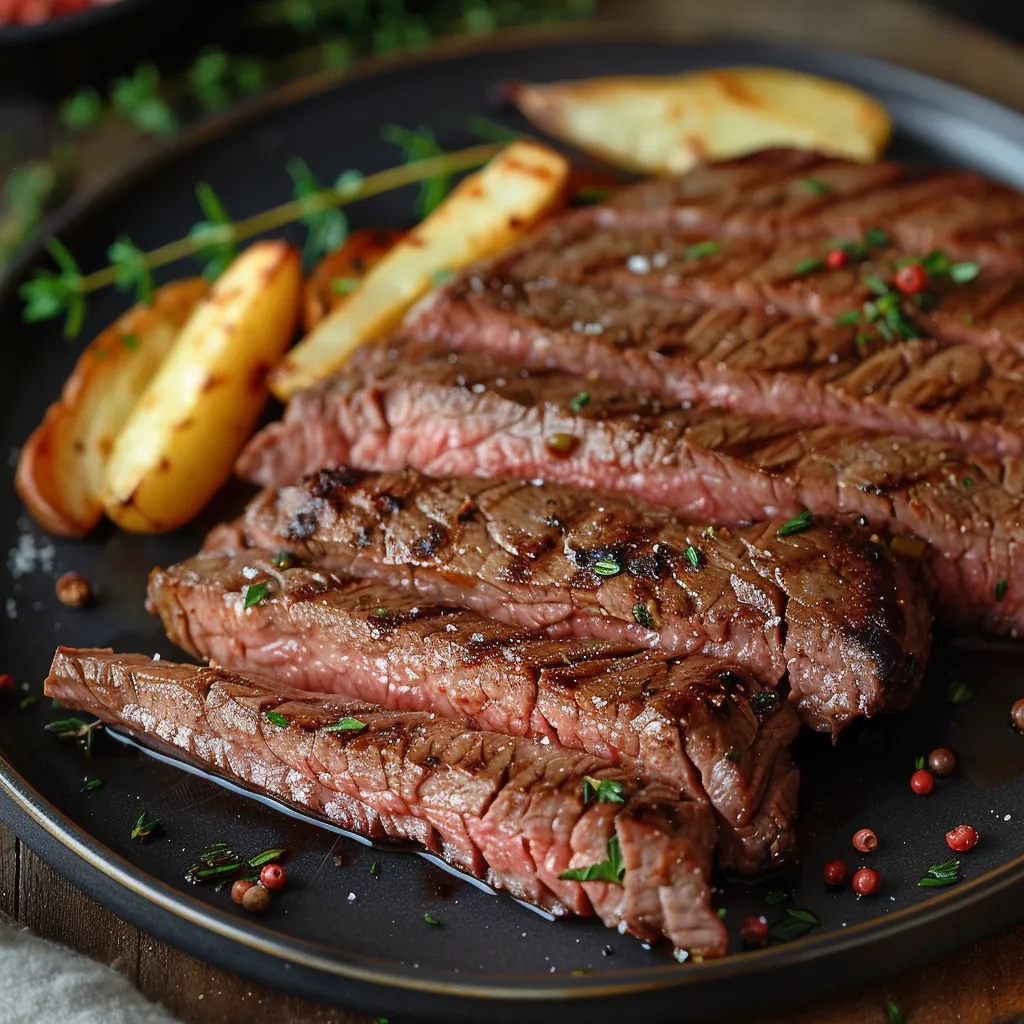A plate of steak and potatoes.