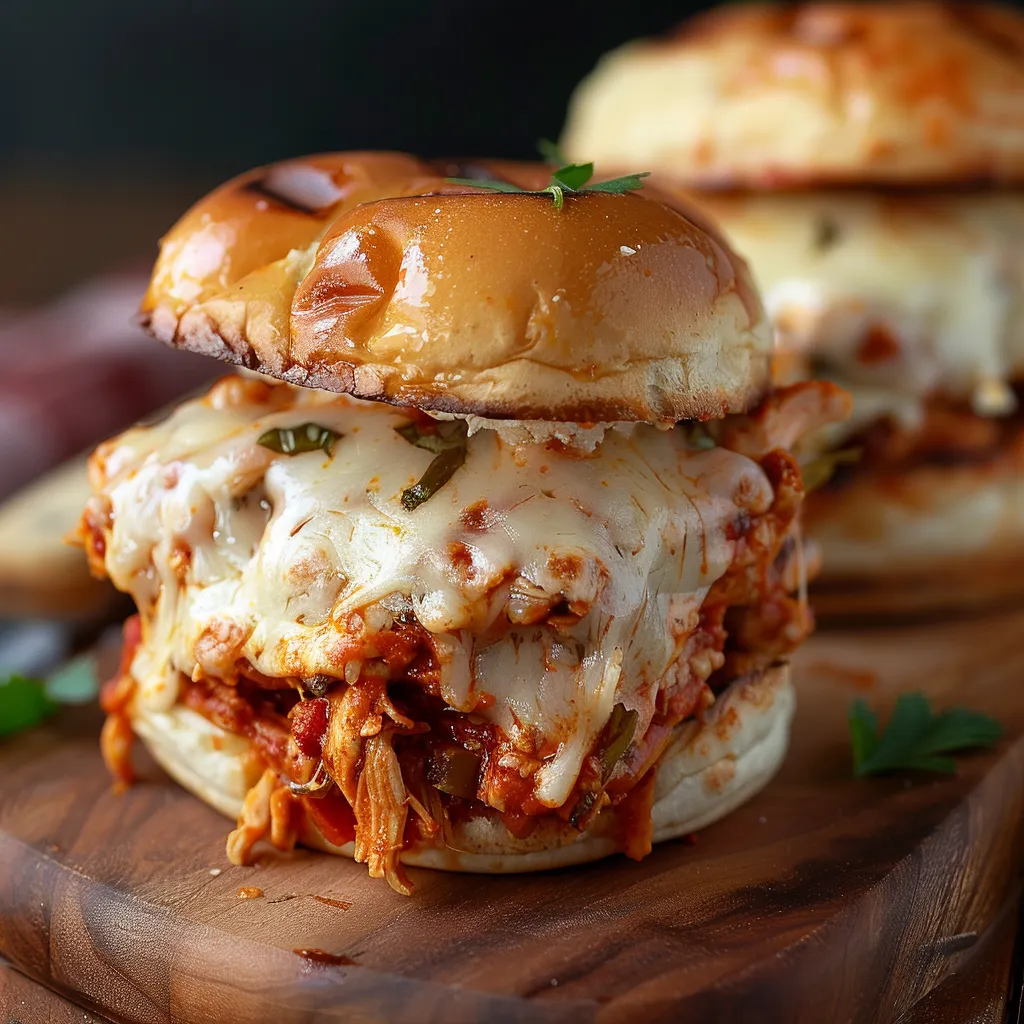 Two sandwiches with meat and cheese on a wooden cutting board.