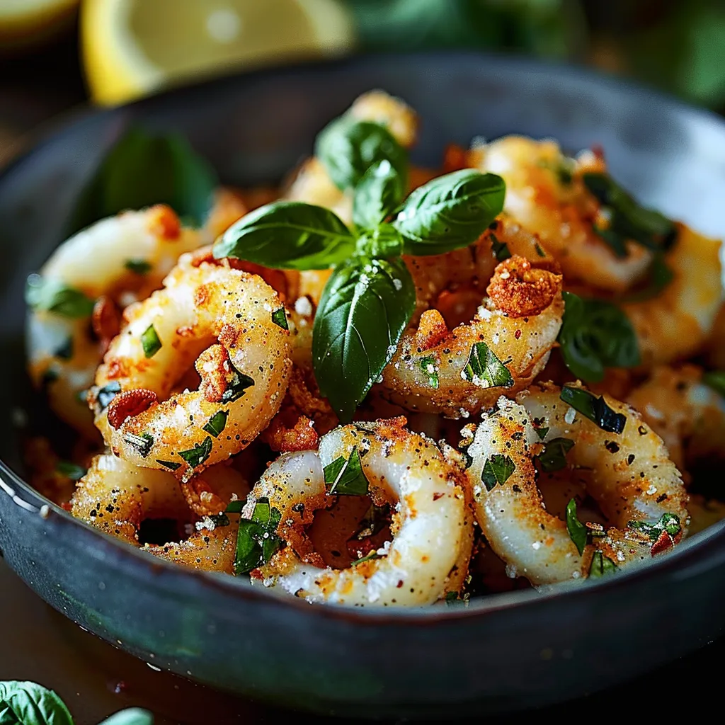 A bowl of shrimp with a lemon wedge on top.