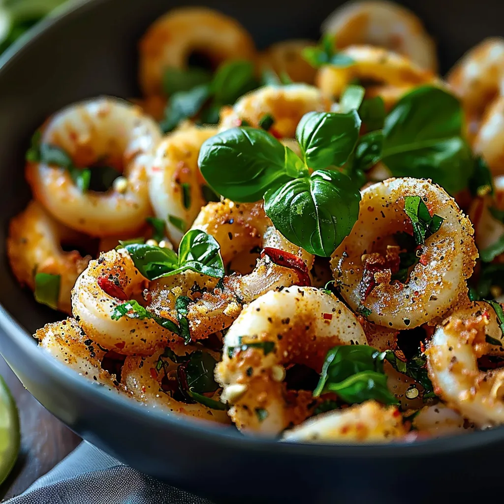 A bowl of shrimp with green leaves on top.