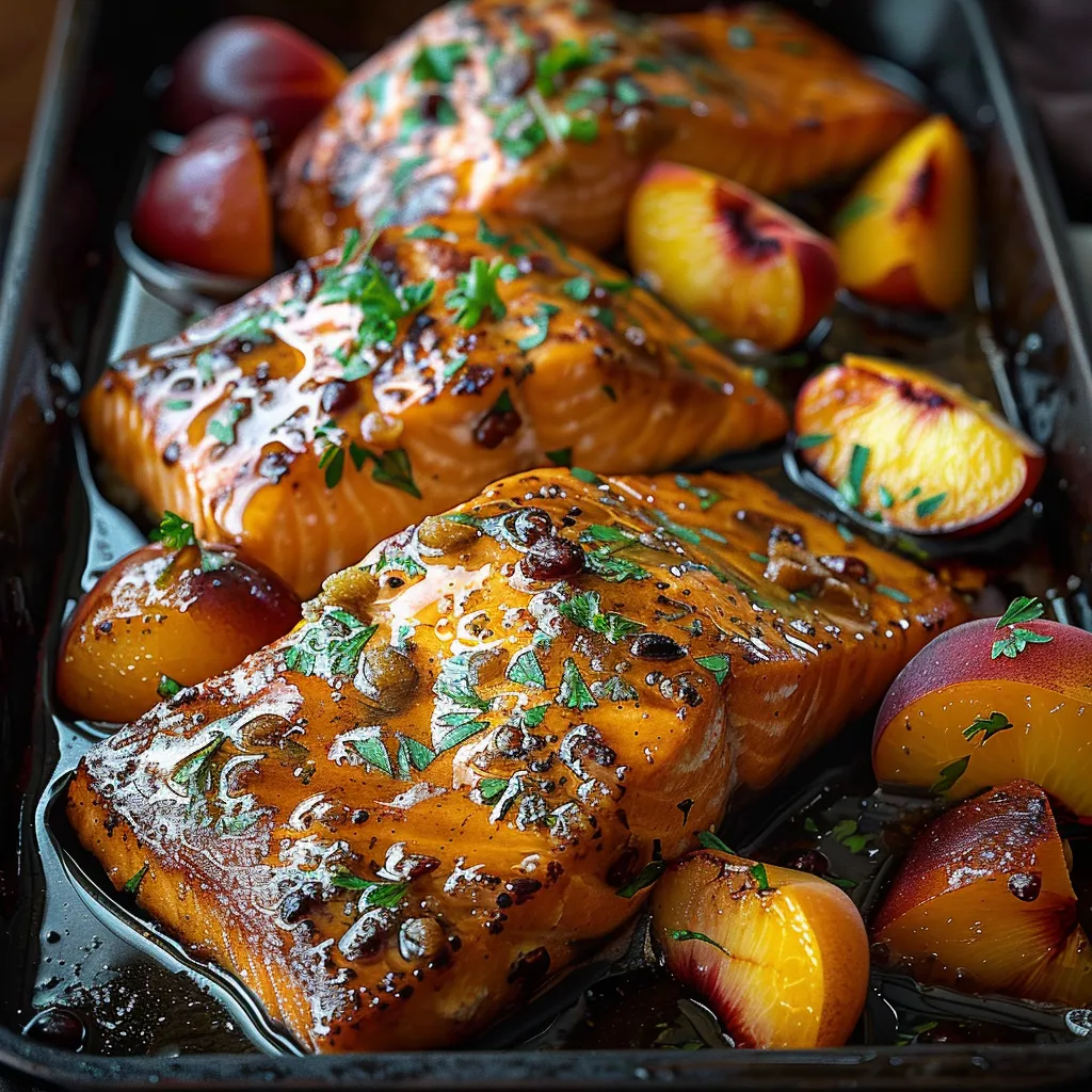 A pan of fish with peaches and onions.