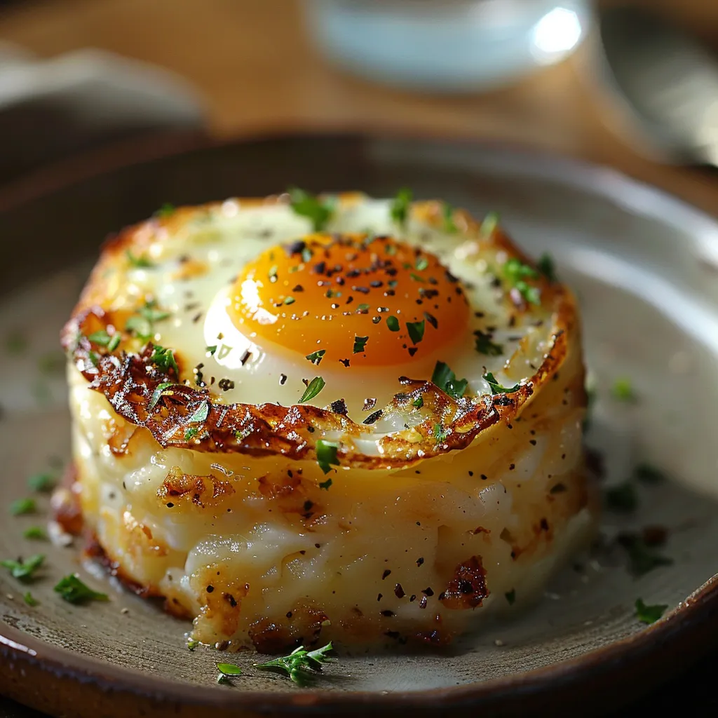 A fried egg on top of a hash brown.