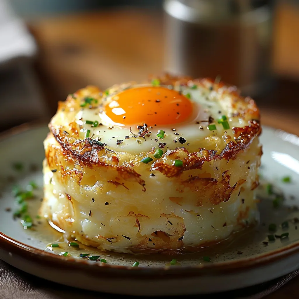 A fried egg with a fried potato on top.
