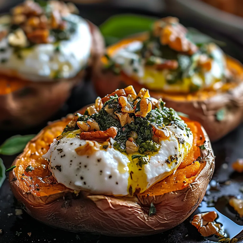 A close up of a roasted sweet potato with a fried egg on top.