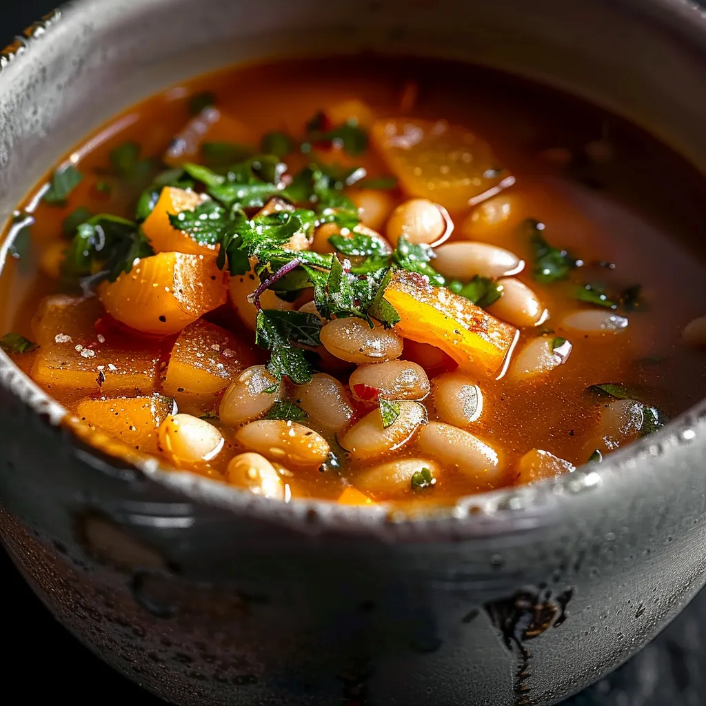 A bowl of soup with beans and herbs.