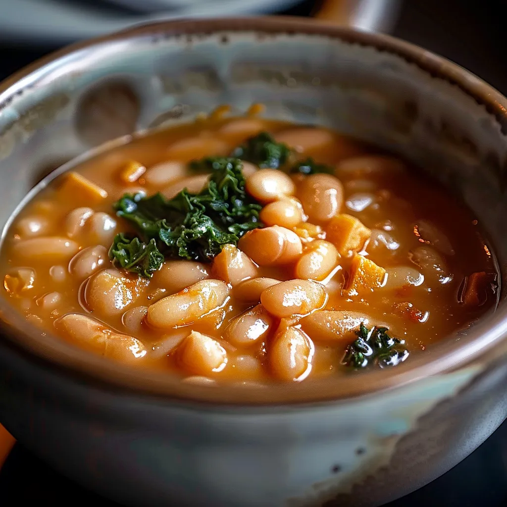 A bowl of soup with beans and broccoli.