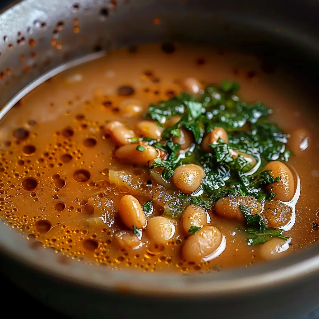 A bowl of soup with beans and greens.
