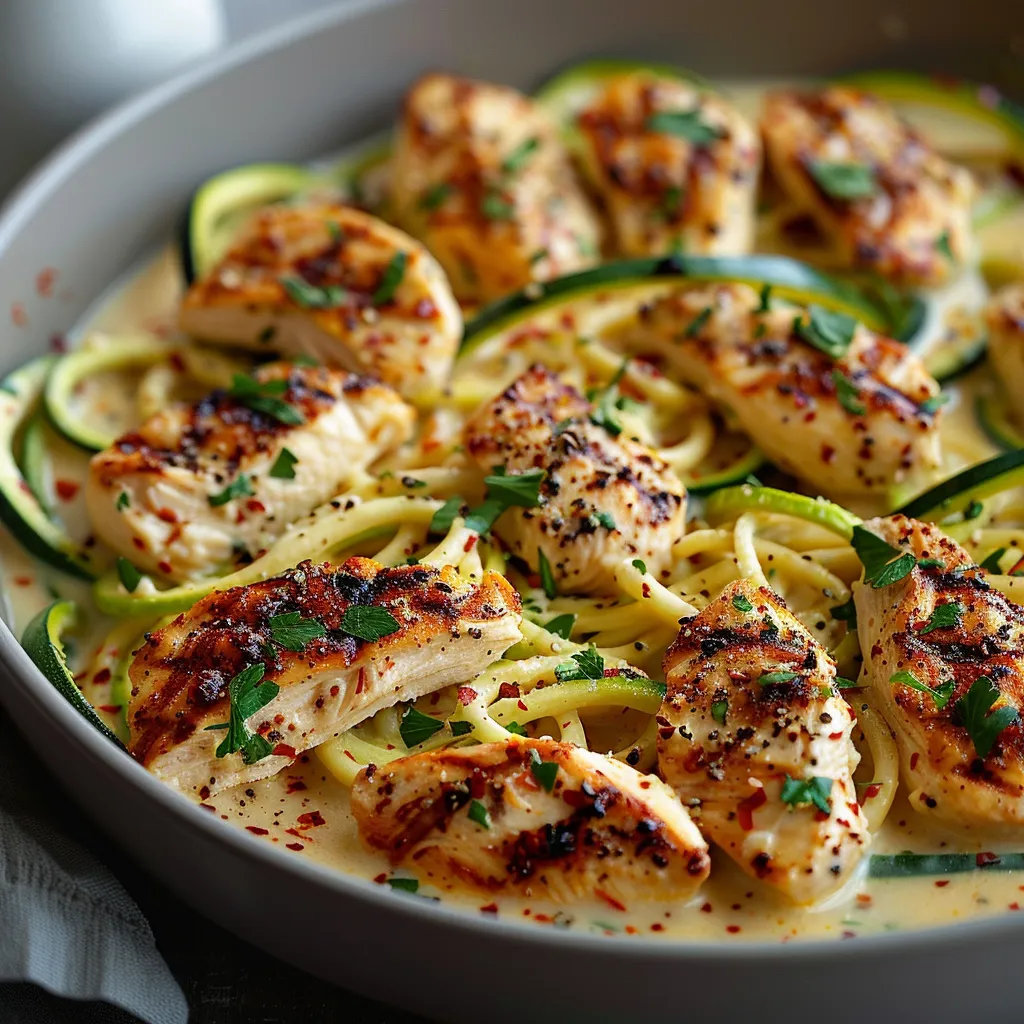 A bowl of chicken and zucchini.
