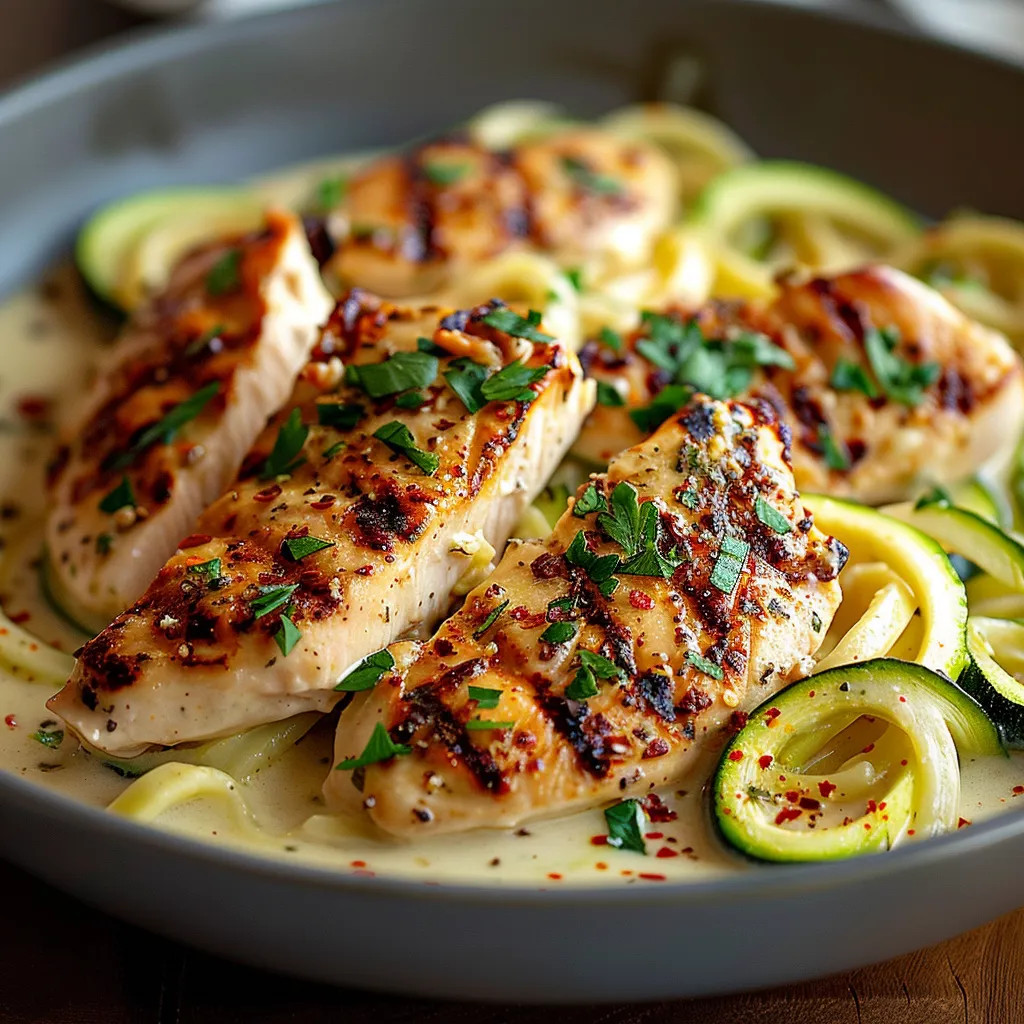 A plate of chicken and zucchini.