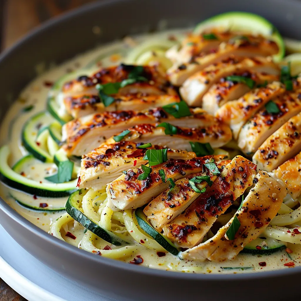 A bowl of food with chicken and zucchini.