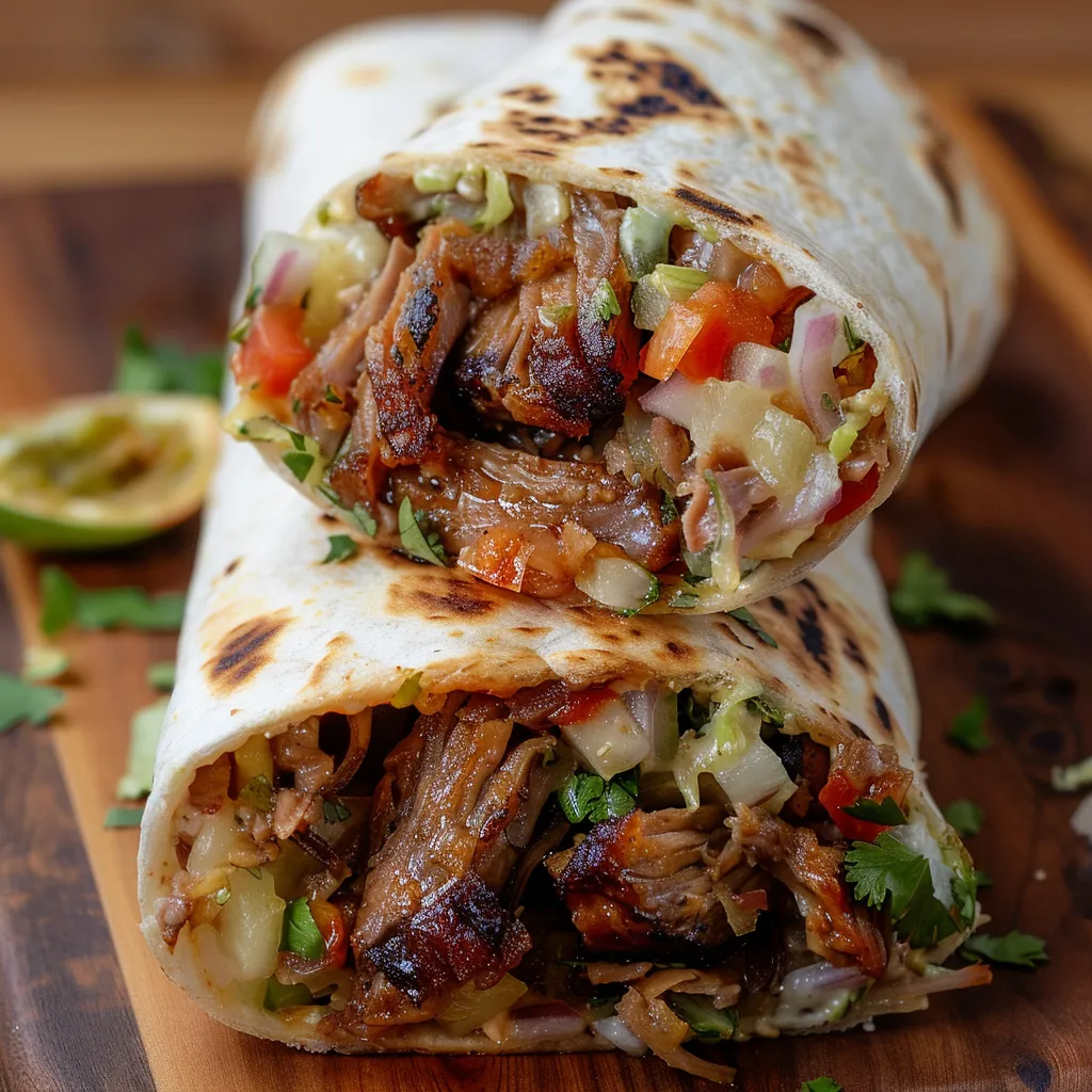 A burrito with meat and vegetables on a wooden table.