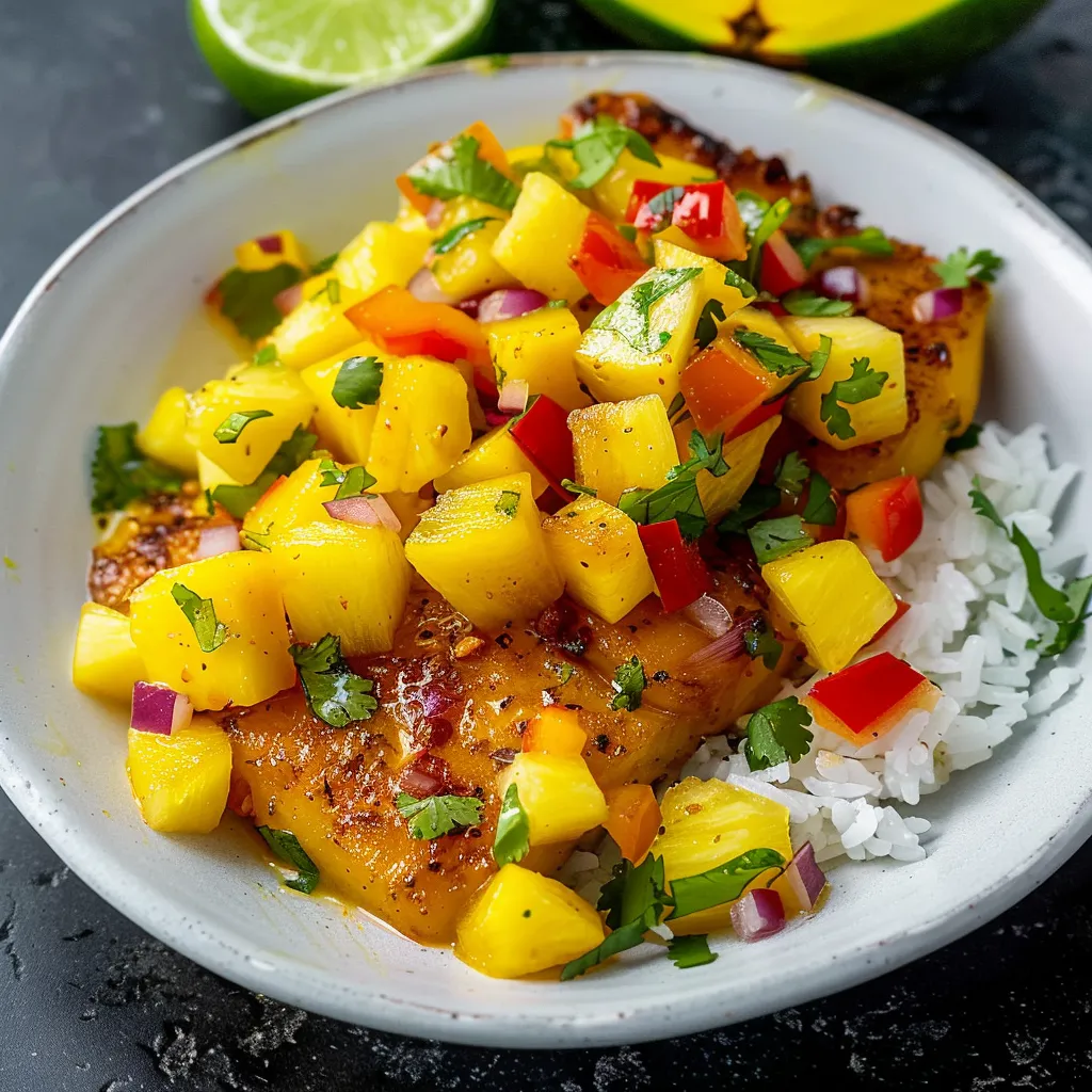 A plate of food with rice and pineapple.