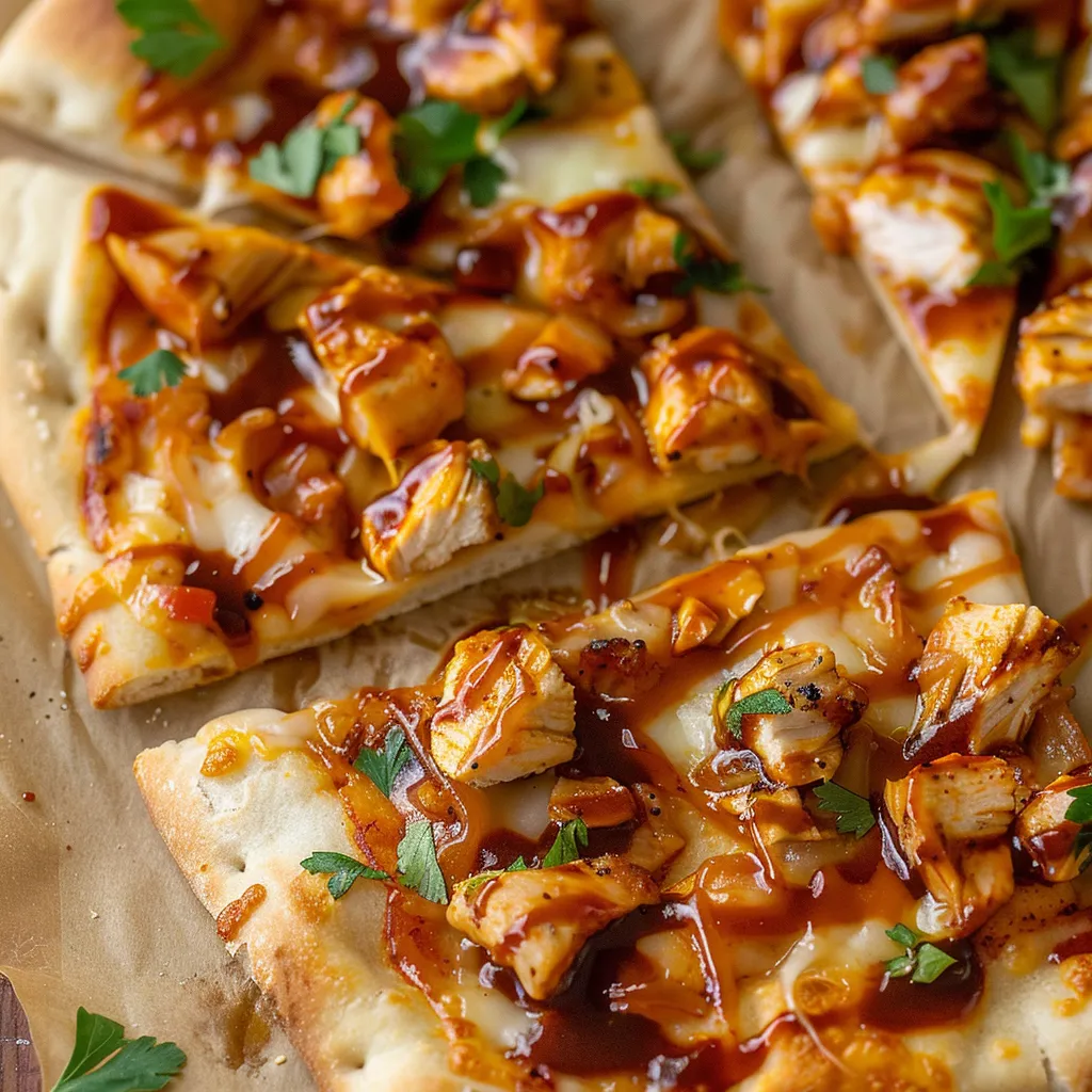 A pizza with sauce and chicken on it.