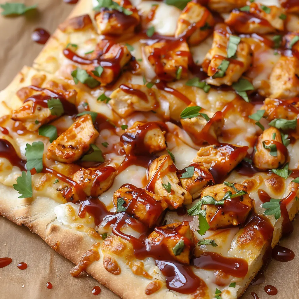 A pizza with chicken and barbecue sauce.