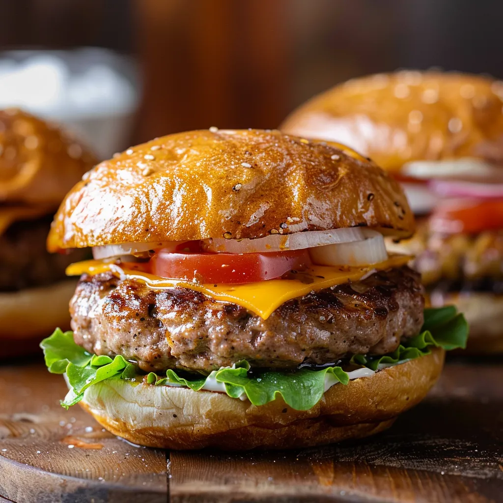 Two burgers on a table.