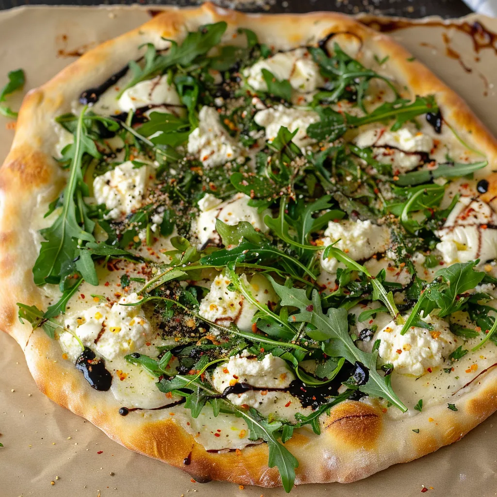 A pizza with greens and white cheese.