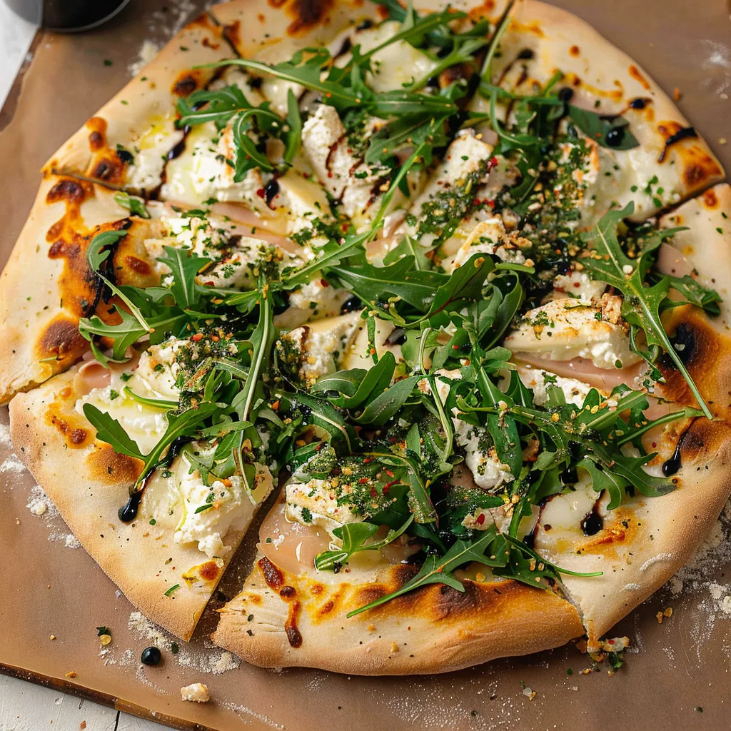 A pizza with greens on top.