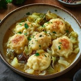 A bowl of soup with vegetables and meatballs.