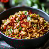 A bowl of chicken and peppers.