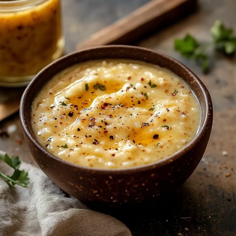 A bowl of grits with a spoon in it.