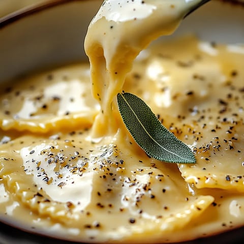 A bowl of pasta with a green leaf on top.