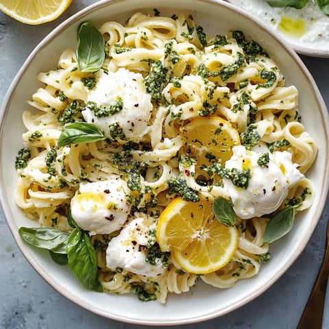 A spread of pasta with creamy burrata and lemon zest.