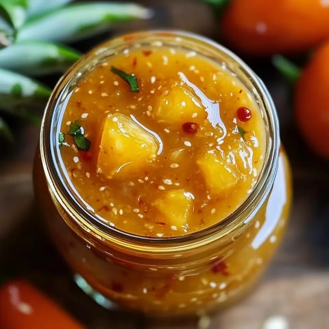 Jar of pineapple sauce with a spoon inside.