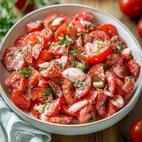 A bowl loaded with fresh tomatoes and herbs.