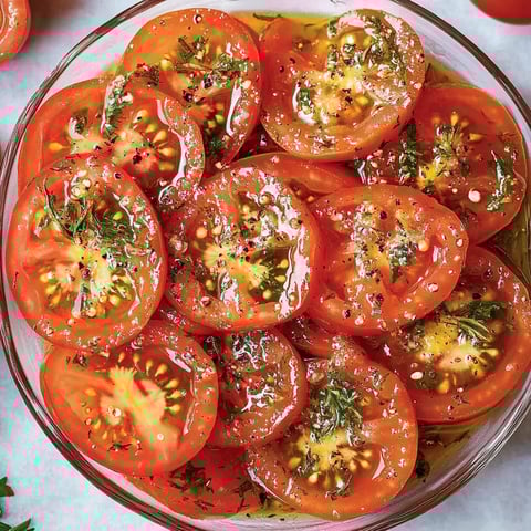 Tomato slices in a bowl dressed with herbs.