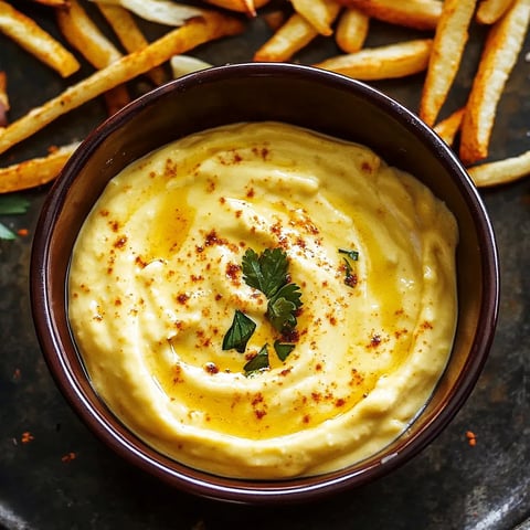 A bowl of creamy curry dip garnished with a sprig of parsley.
