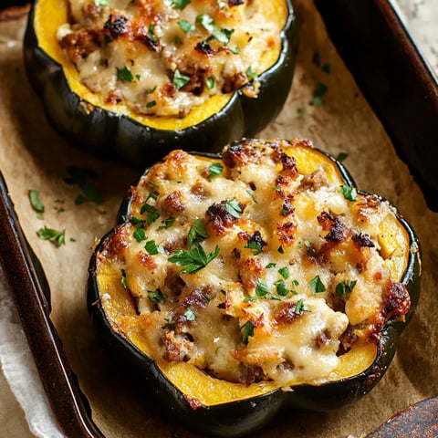 Halved squash stuffed with cheese and veggies.