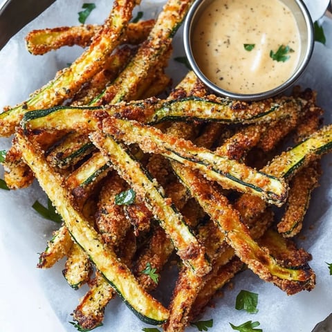A plate stacked with golden-brown zucchini sticks and a dip.