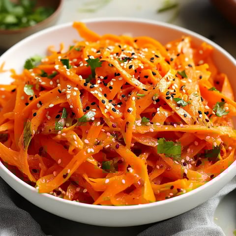 A dish of carrot strips paired with sesame seeds.