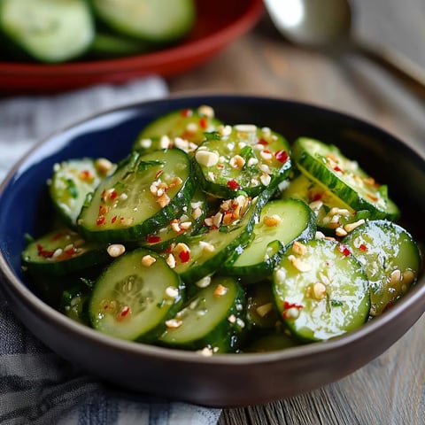 A bowl of cucumbers with peppers and nuts.