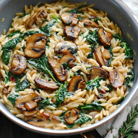 A bowl of pasta with mushrooms and spinach.