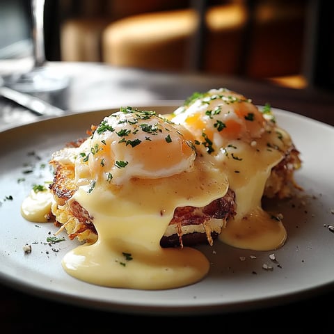 Two eggs on top of hash browns.