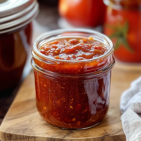 A jar of tomato sauce on a wooden cutting board.